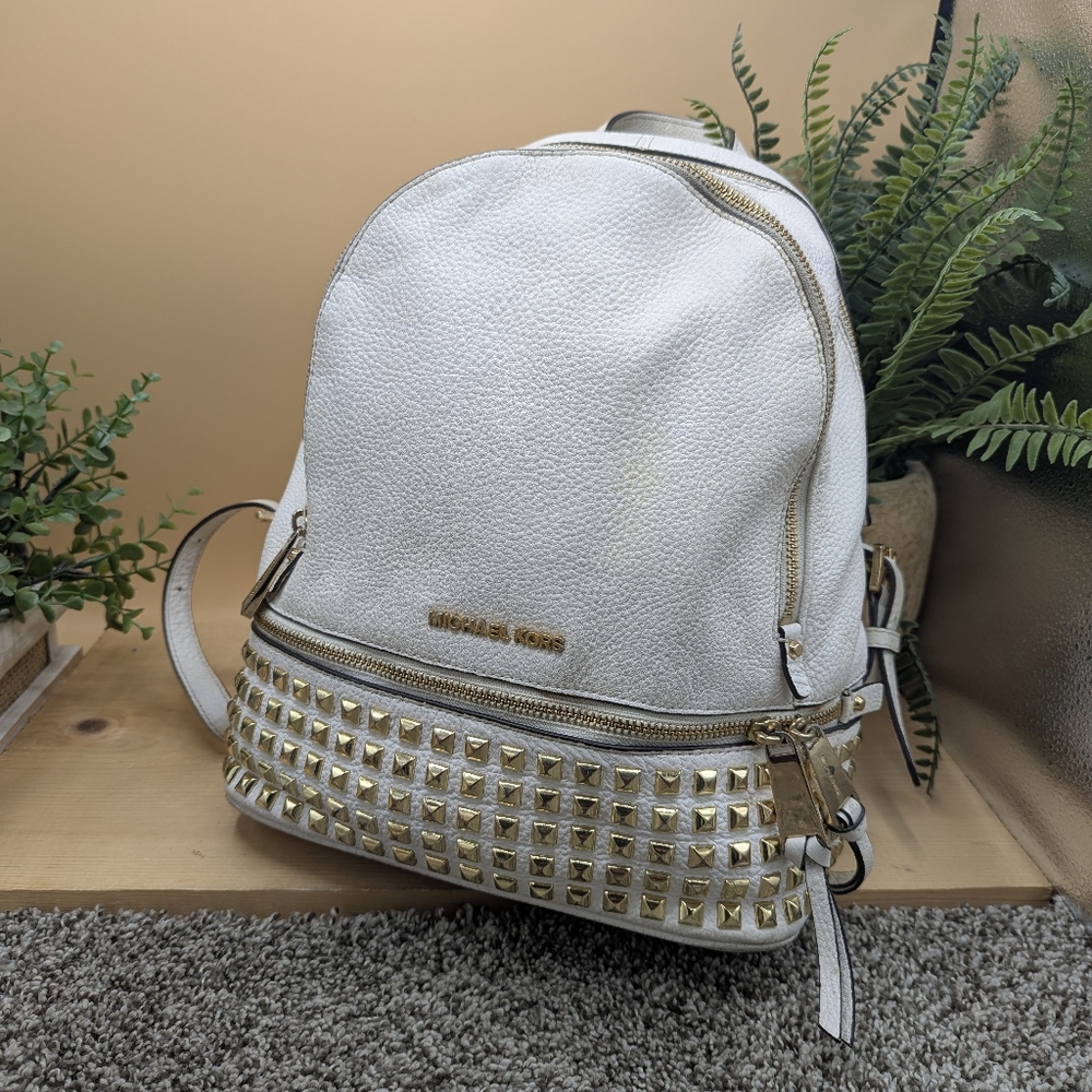 Michael Kors Rhea White Leather Studded Backpack Adjustable Strap